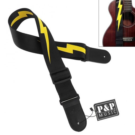 Sangle réglable pour guitare avec motif de foudre éclair de couleur jaune avec tête en cuir véritable