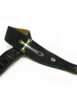 Sangle de guitare acoustique en cuir à deux couches avec motif croix - noir