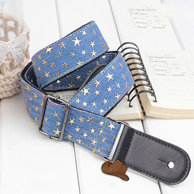 Sangle pour ukulele en denim et stars dorées 4 modèles au choix